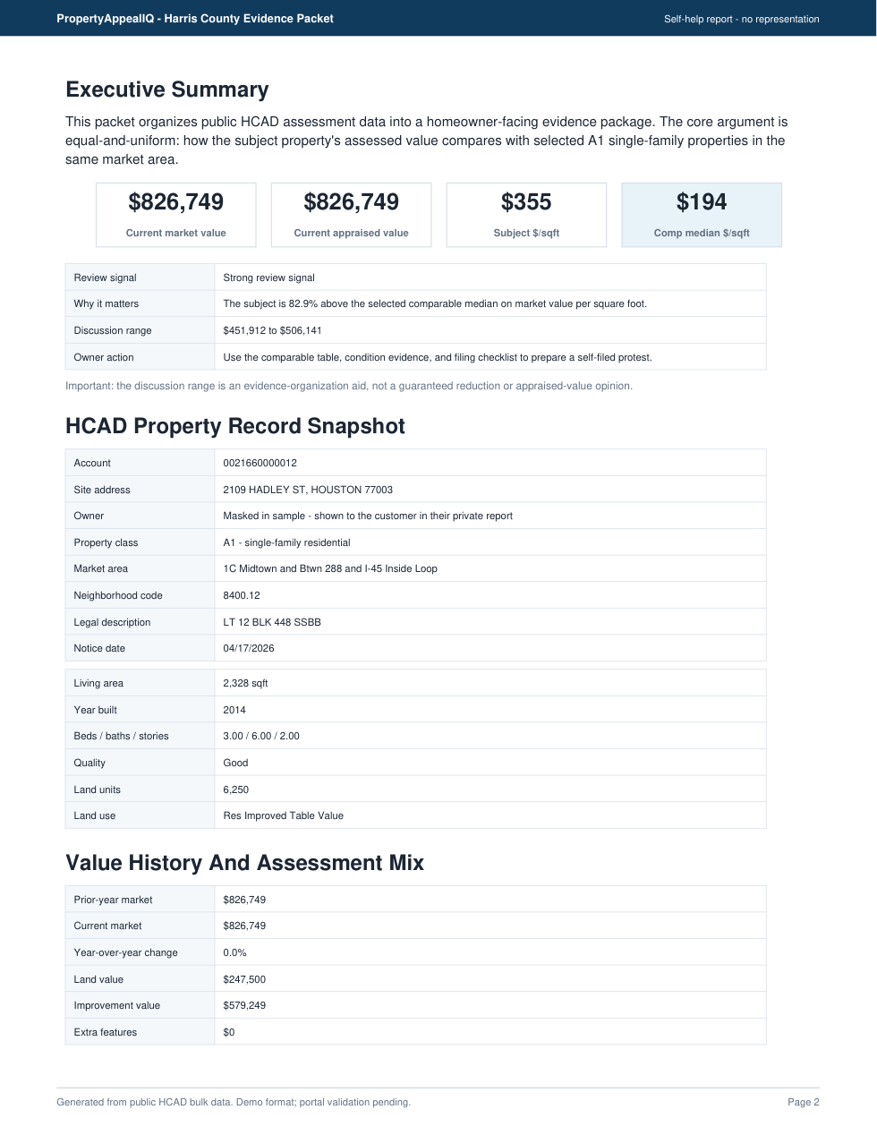 Harris County property tax evidence packet property record page