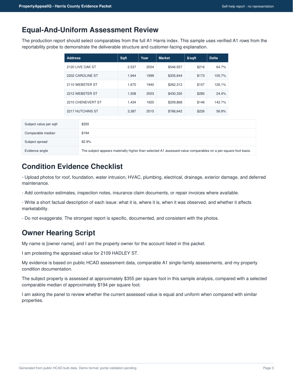 Harris County property tax evidence packet comparable review page