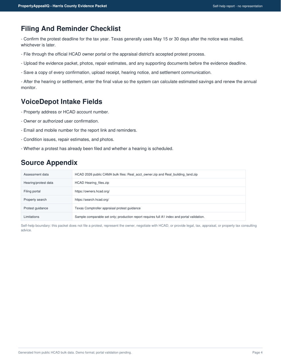 Harris County property tax evidence packet owner notes page